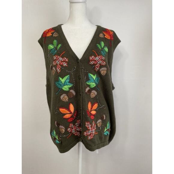 Vintage Plus 18 20 Fall Embroidered Sweater Vest Brown Button Front Leaves Acorn - Picture 1 of 10